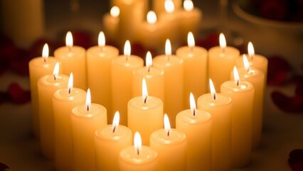 Many burning candles arranged in shape of a heart, warm soft light and romantic atmosphere. Ideal for love, memorial, prayer, romance, spa, meditation, celebration, Valentine’s.
