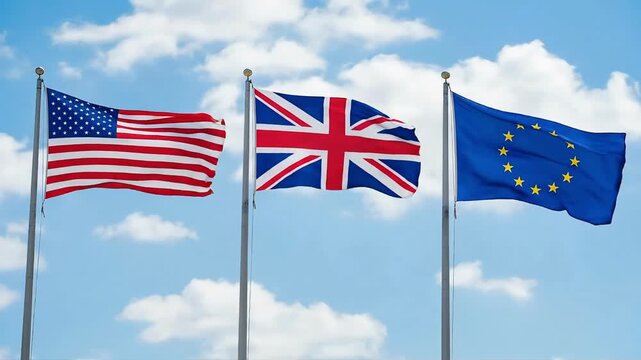 Three national flags, representing different countries, wave proudly on flagpoles against a clear blue sky with fluffy white clouds.