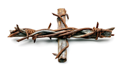Obraz premium A simple, white background with a cross made of barbed wire, often used in memorials or to symbolize suffering