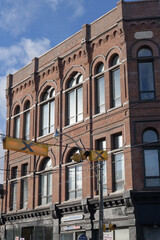 Fototapeta premium old building facade of Poulton Block on Queen St E, Toronto (originally: Orient Hall Masonic Lodge, 1886, 792 Queen E