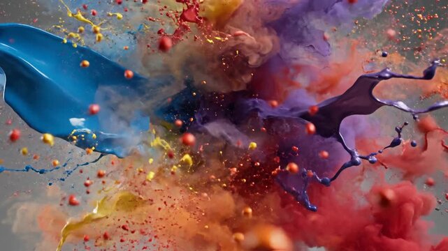 Vibrant liquid splash explosion of primary colors and secondary colors against a neutral background
