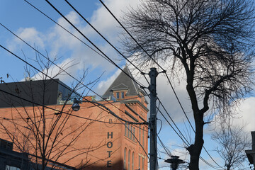 Fototapeta premium exterior of The Broadview Hotel located at 106 Broadview Av, Toronto (looking east on Queen St E)