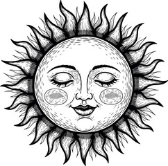 Vintage celestial sun face with closed eyes and fiery rays