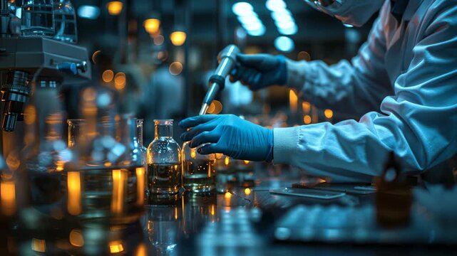 Scientist conducting experiments with auto pipette and eppendorf tubes to analyze research results