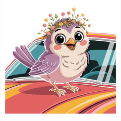 Adorable Purple Cartoon Bird with Floral Crown on a Red Car