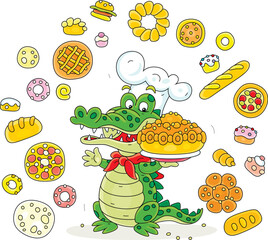 Funny green crocodile baker and pastry cook presents freshly baked pastries from its bakery, vector cartoon illustration on a white background