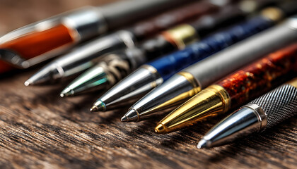 A close-up view of a collection of pens on a wooden table