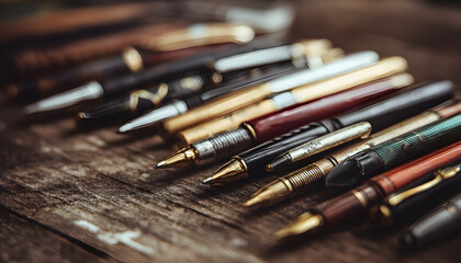 A close-up view of a collection of pens on a wooden table