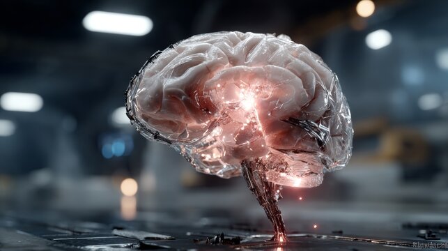 Dynamic AI brain sculpture with glowing neural network connections, symbolizing innovation and advanced technology in a futuristic setting.