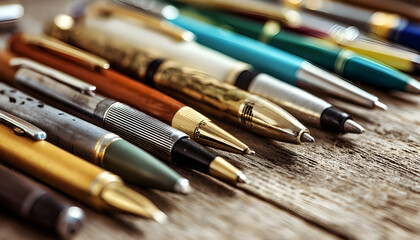 Fototapeta premium A close-up view of a collection of pens on a wooden table
