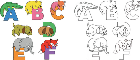 Fototapeta premium Sleeping Animals Alphabet From A To F for Kids Learning and Coloring Book