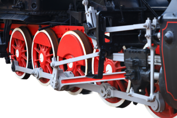 A close-up shot of a red and black train engine's details