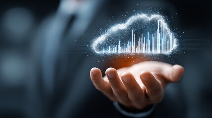 Empowered business leader holding glowing digital cloud network symbolizing global data connectivity and innovation