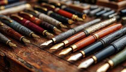 A close-up view of a collection of pens on a wooden table