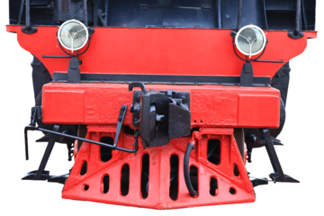 A close-up shot of a vintage-style train engine with red and black colors