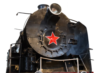 A black train engine with a distinctive red star logo