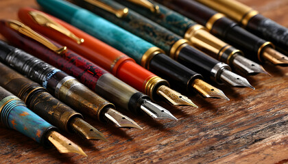 A close-up view of a collection of pens on a wooden table