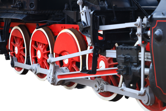 A close-up shot of a red and black train engine's details