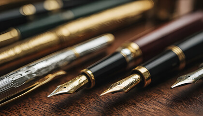 A close-up view of a collection of pens on a wooden table