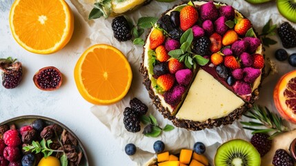 Top view on a table with fruits and open top cheesecake tart with berries and fresh fruits