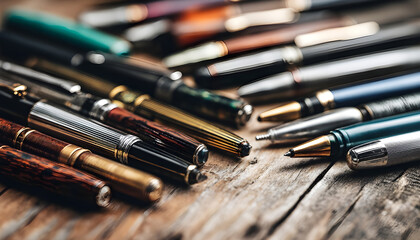 A close-up view of a collection of pens on a wooden table