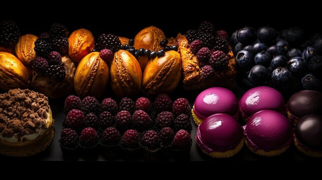 A collection of sweet desserts in pastry countertop, close up. Berries and cupcakes, moody setup