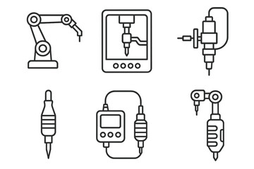 Robotic Tattoo Icons. Line style icons of tattoo robotics: robotic tattoo arm, automated ink injector, precision needle tool,