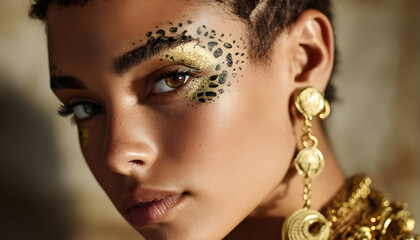 Close-up of a person with leopard-print makeup along the temple, short hair, and bold gold jewelry including earrings