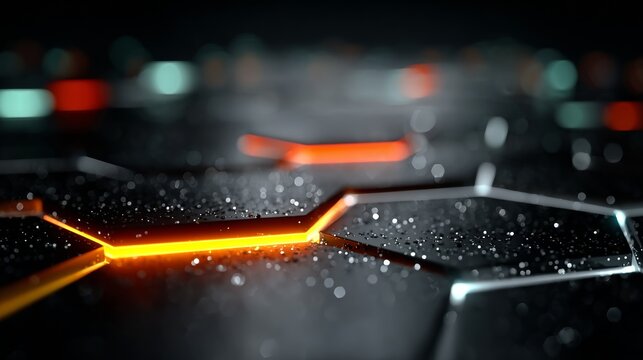 Dynamic network pathways glow with vibrant orange and blue light, representing futuristic technology and abstract data flow in a dark, modern setting