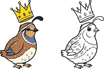 Royal Quail with Crown Adorable Cartoon for Kids and Coloring Pages