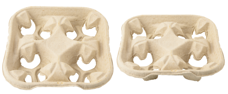 Paper cup holders made from molded pulp for transporting cups of drinks. Four-place cup holders