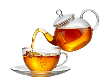 A side-angled view of a modern glass teapot pouring tea in a smooth continuous stream - Powered by Adobe