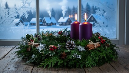 Christmas celebration with red decoration and burning candles by the green fir tree