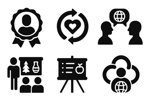 Cultural Awareness Icons. Solid style icons of cultural awareness mentoring: diverse background badge, heritage loop icon,