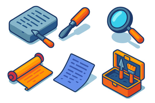 Epigraphy Tools Icons. Isometric vector illustration set Epigraphy: stone tablet, engraved chisel, magnifying glass, inscription