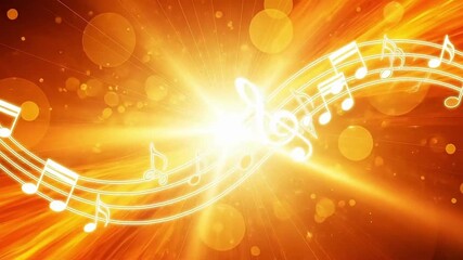 Vibrant music notes flowing with bright light creating a captivating musical background