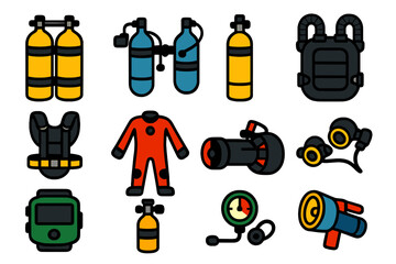 Technical Diving Icons. Flat vector icons of Technical Diving Gear: twin tanks, sidemount tanks, stage bottle, rebreather, harness