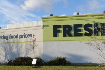 Fototapeta premium exterior sign of FreshCo (a supermarket chain) Leslie & Lakeshore, located at 731 Eastern Av, Toronto