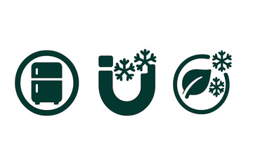 Eco-Friendly Cooling Icons. Solid style icons of public awareness and branding: green fridge badge, magnetic cooling logo,