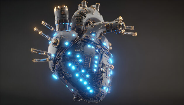 A futuristic metallic robotic heart embedded with circuitry and glowing blue LEDs