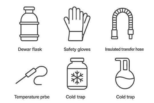 Cryogenic Equipment Icons. Line style icons of Cryogenic Equipment: dewar flask, safety gloves, insulated transfer hose,