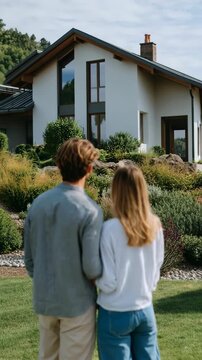 Young couple embracing in front of new home