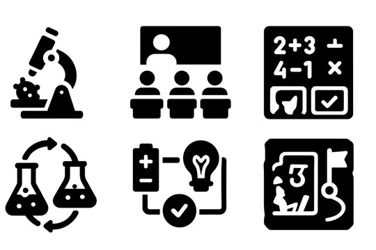 Educational Simulation Icons. Solid style icons of educational simulations: biology lab sim icon, virtual class badge, math