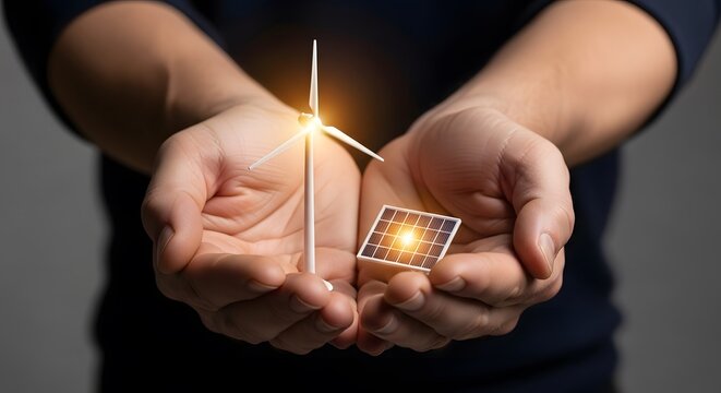 Cupped hands holding a miniature wind turbine and solar panel model, symbolizing clean energy, sustainable power, and innovative solutions for a green future
- Powered by Adobe