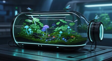 Obraz premium Futuristic Terrarium with Glowing Plants and Mushrooms in a Modern Glass Bottle.