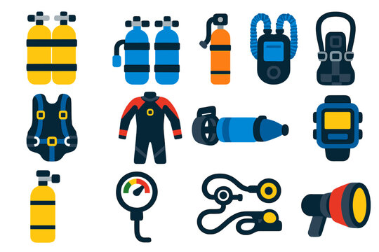 Technical Diving Icons. Flat vector icons of Technical Diving Gear: twin tanks, sidemount tanks, stage bottle, rebreather, harness
