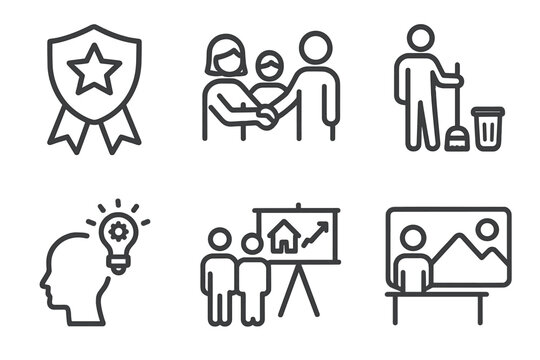 Community Impact Icons. Line style icons of CBE community impact: local school success badge, parent-teacher collaboration,