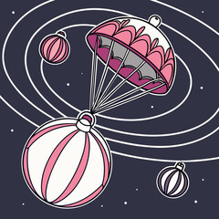 An abstract vector illustration showing a parachute attached to a giant Christmas ornament, floating against a backdrop of stars and planetary orbits. The image uses a dark purple, pink, and white pal