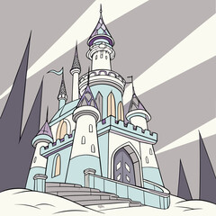 Vector illustration of a fantastical, magical castle or ice palace rendered in cool, winter colors: light blue, lavender, and white. The castle features tall spires and towers, standing on a snowy mou