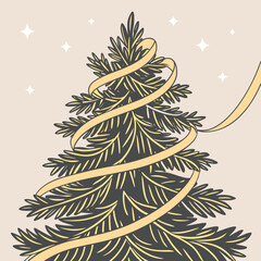 Elegant Christmas Fir Tree with Gold Ribbon and Stars